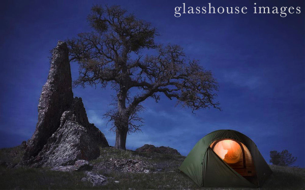Person in Illuminated Tent on Hilltop Near Tree and Rock Formation at Night